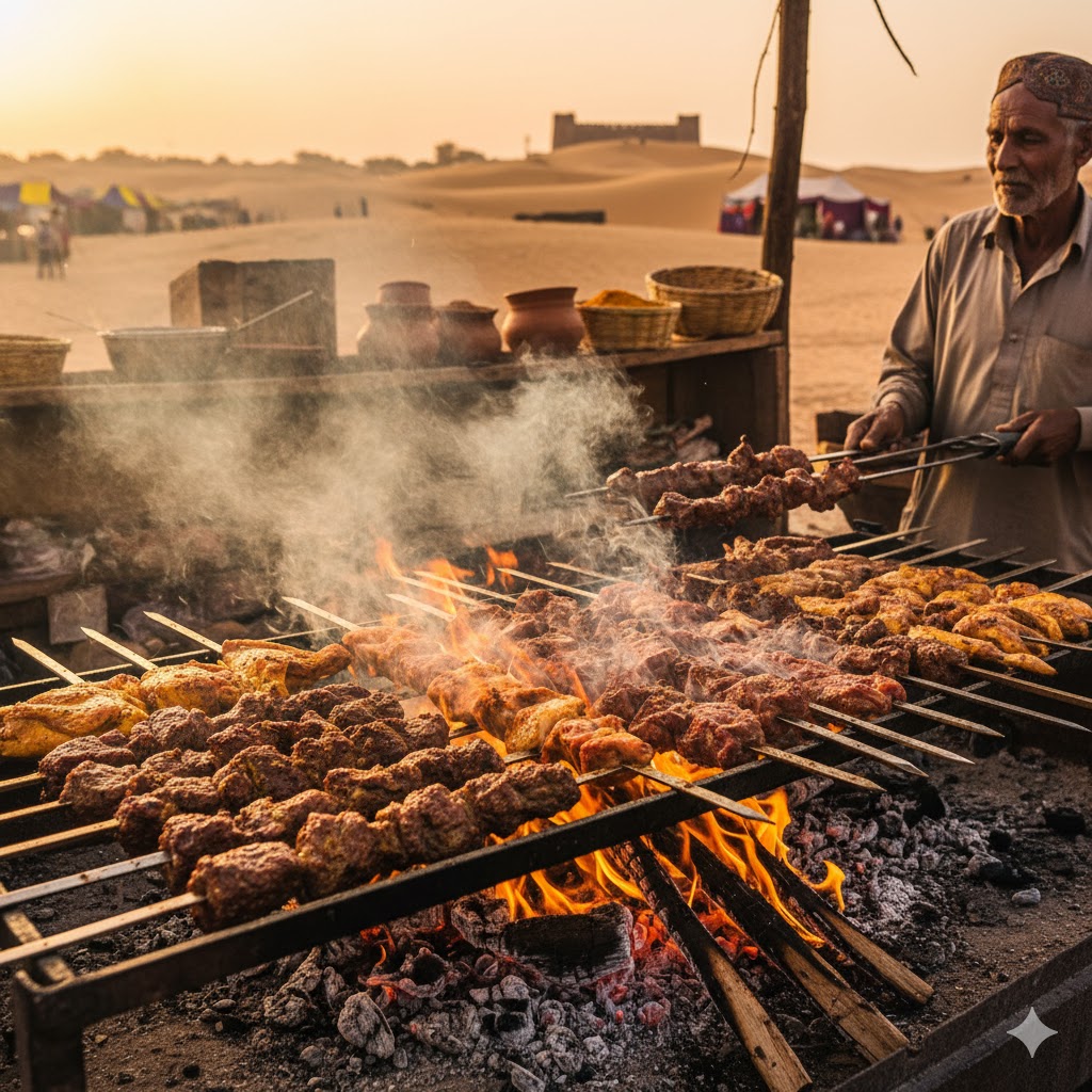 Smoky Cholistan-style BBQ meat being grilled over open flames in a desert food stall.