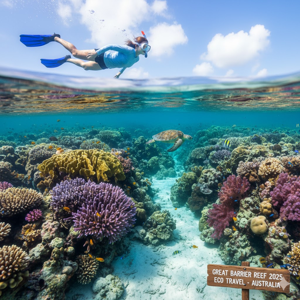 Snorkeler swimming over coral reef Great Barrier Reef Australia 2025 eco travel