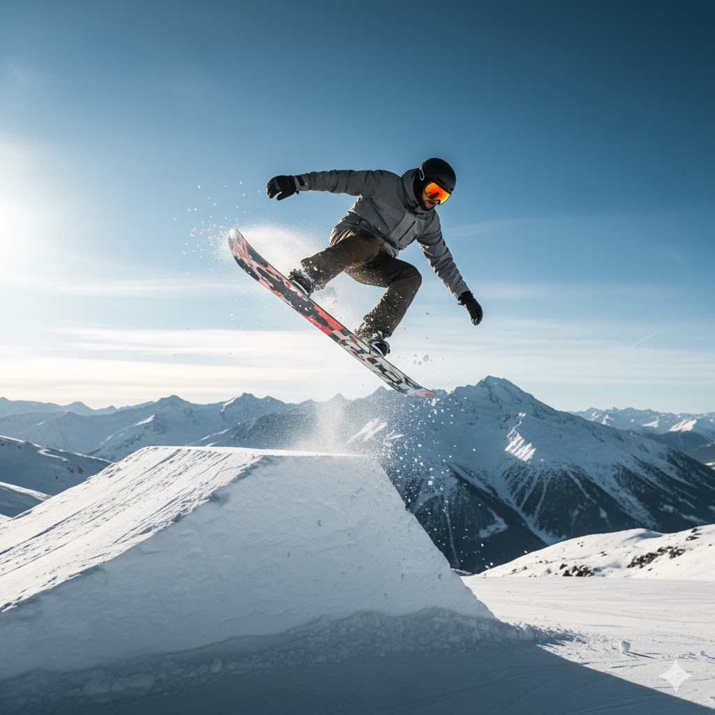 Snow Rider 3D player performing a mid-air stunt on a snowy mountain slope