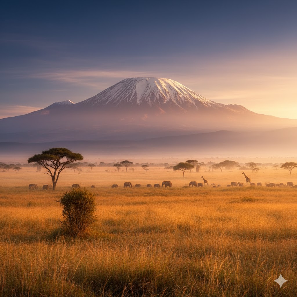 Snow-capped peak of Mount Kilimanjaro rising above golden African savannah at dawn. Snow-capped peak of Mount Kilimanjaro rising above golden African savannah at dawn.