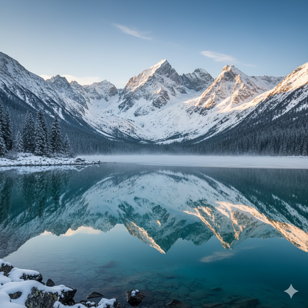 Snow-covered High Tatras peaks reflected in a calm alpine lake, Slovakia