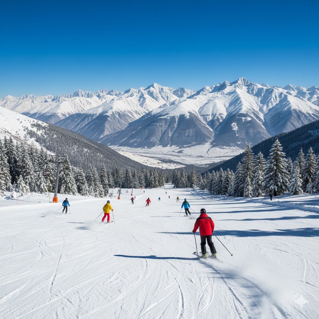 Snow-covered Naltar Valley with skiers descending the slope under a clear blue winter sky.
