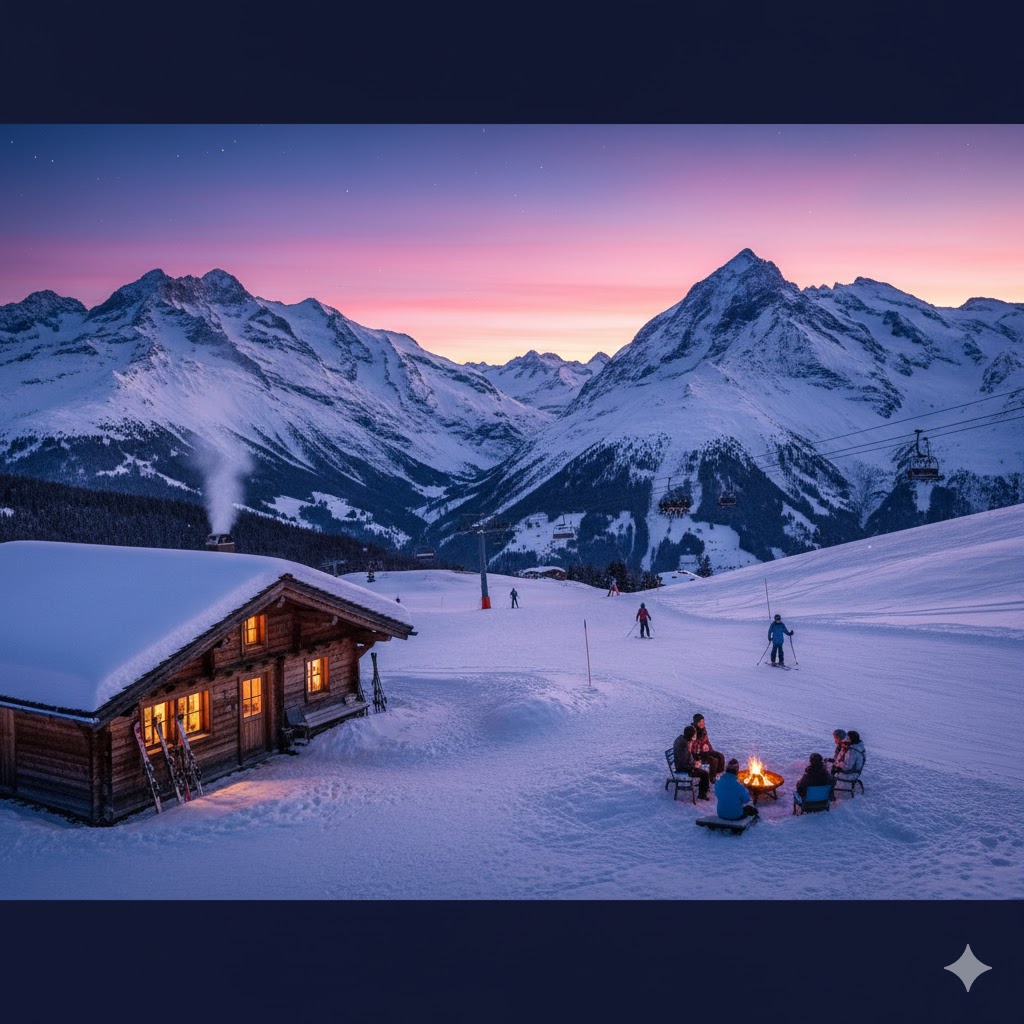 Snow-covered Swiss Alps with skiers and a warm chalet under twilight skies