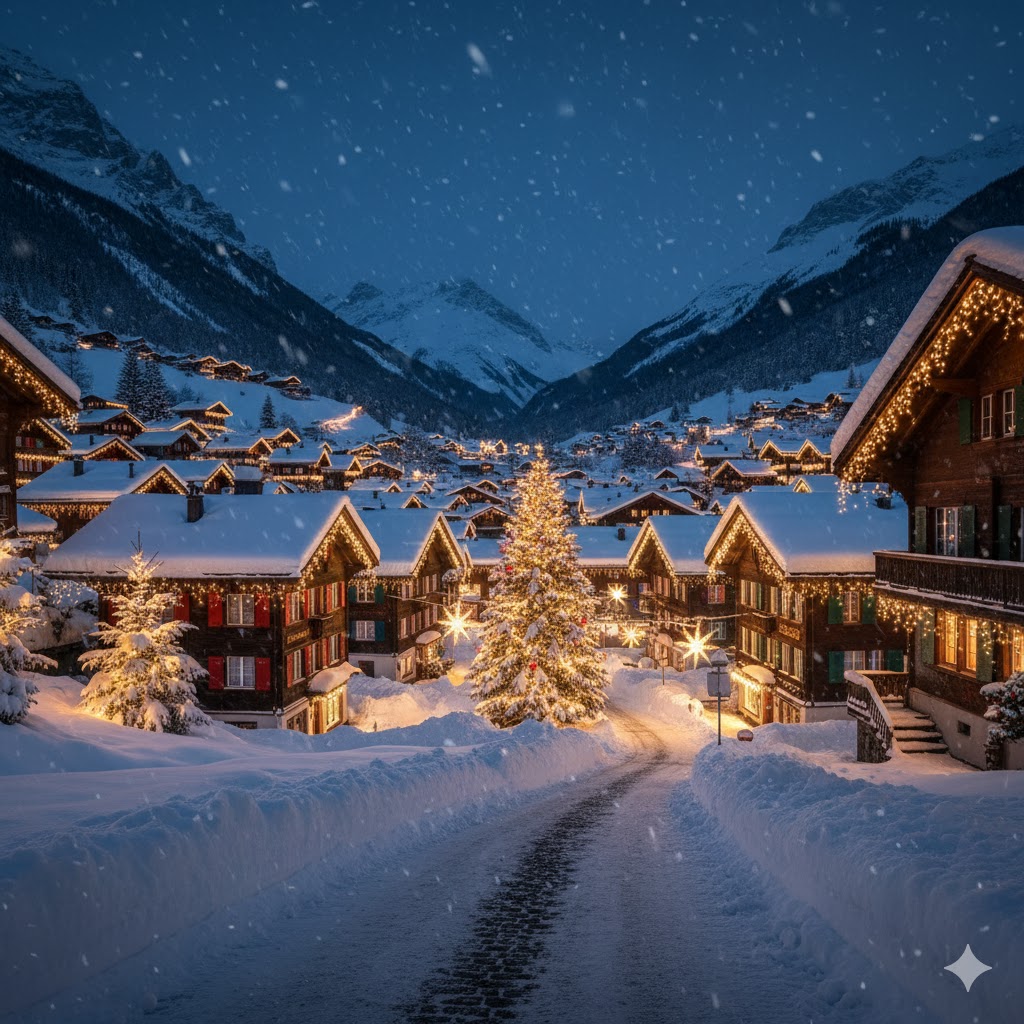 Snow-covered Swiss village with Christmas lights glowing at night