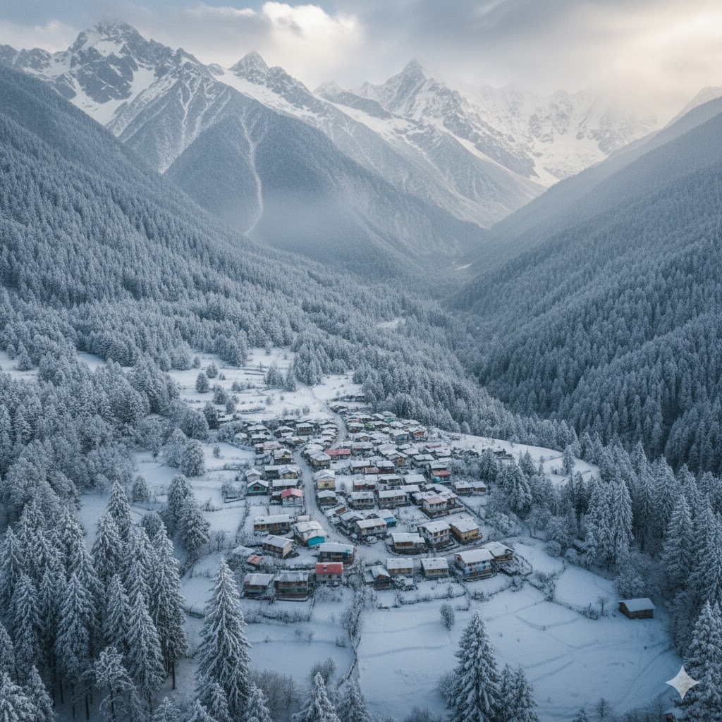 Snow-covered wooden cottages and frozen trees in winter at Arrang Kel.