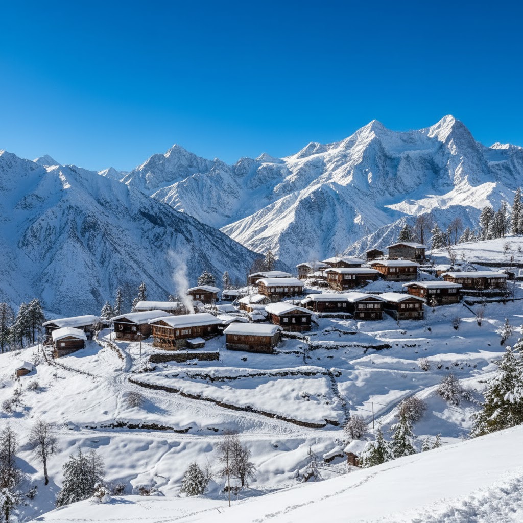 Snow-covered wooden houses of Arang Kel with mountain backdrop under a clear winter sky
