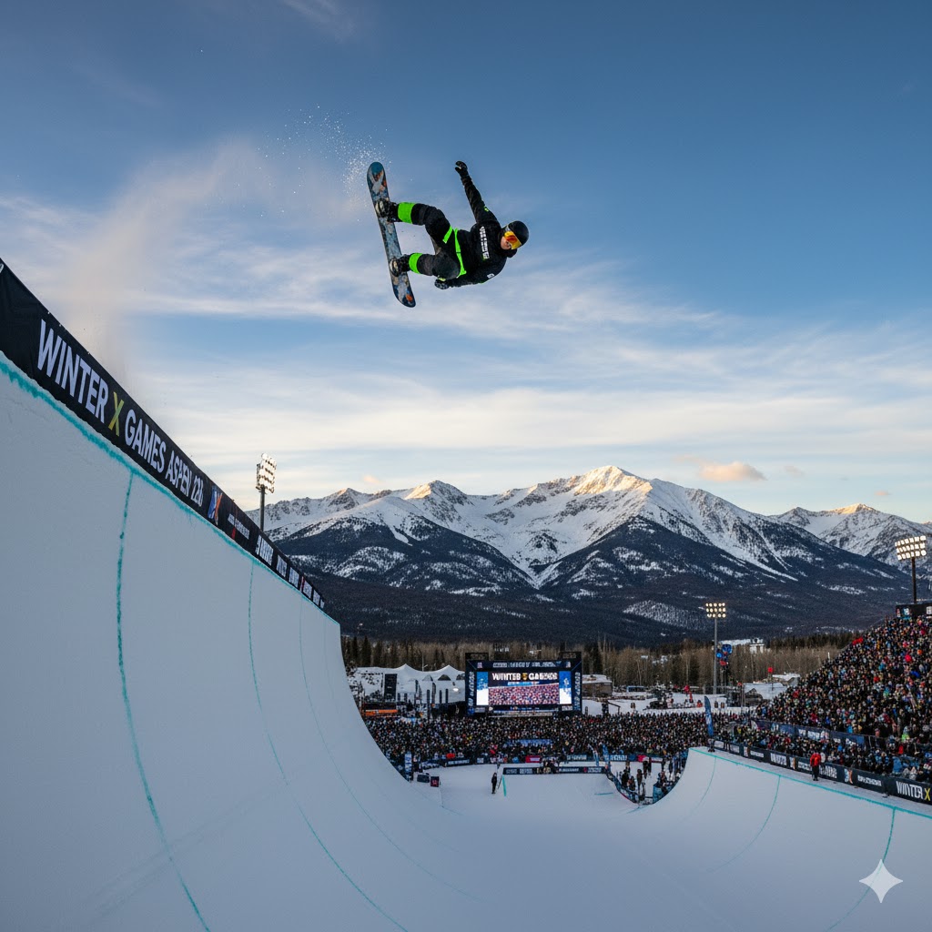 Snowboarder mid-air trick against mountain backdrop during Winter X Games 2026 Aspen.