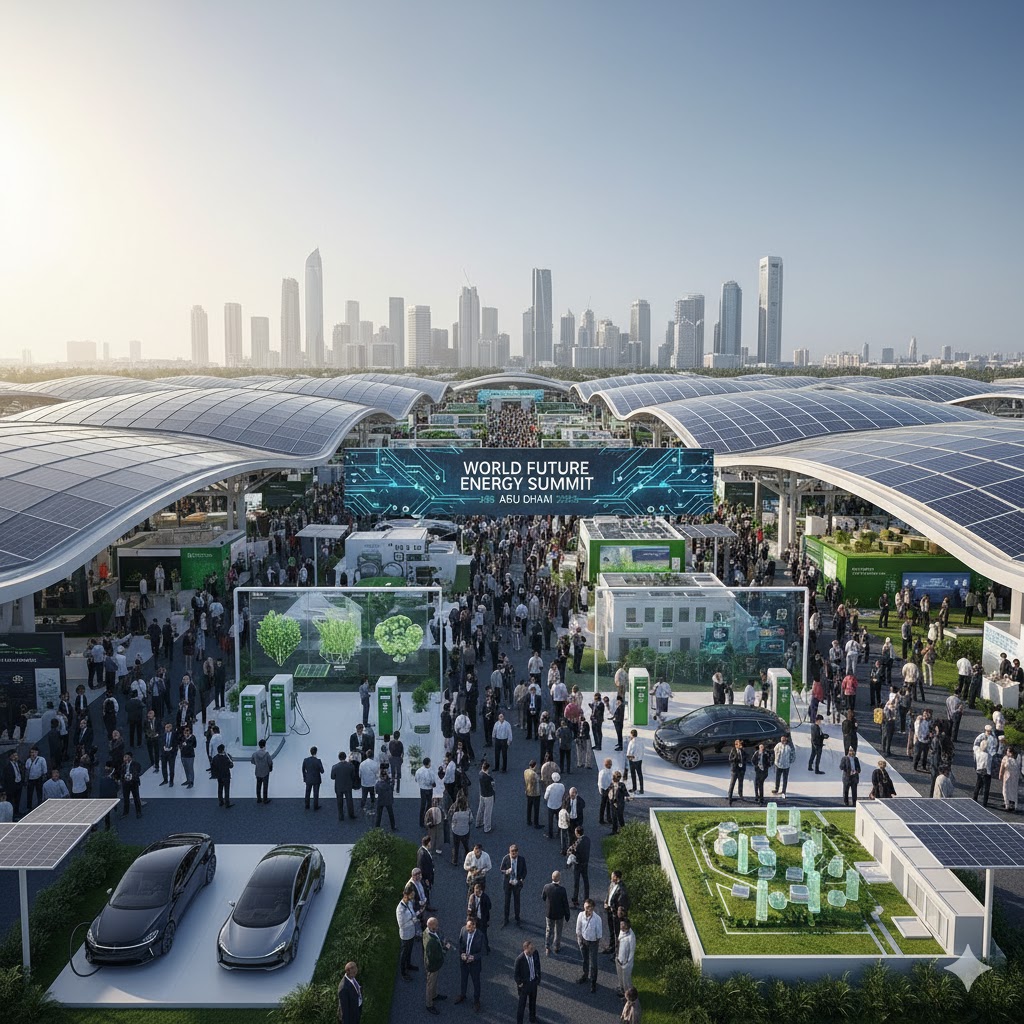 Solar energy pavilions and green tech prototypes at World Future Energy Summit Abu Dhabi.