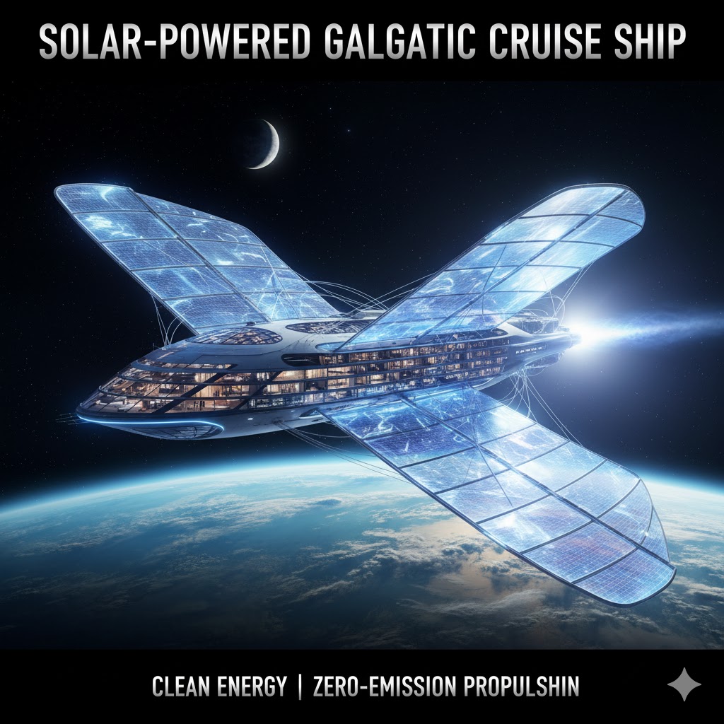 Solar-powered galactic cruise ship using clean energy and zero-emission propulsion