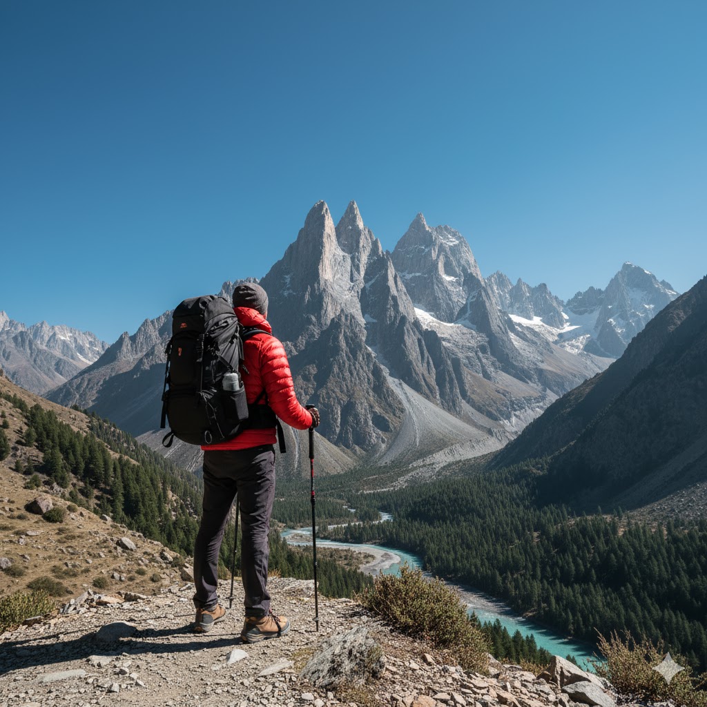 Solo hiker overlooking Passu Cones