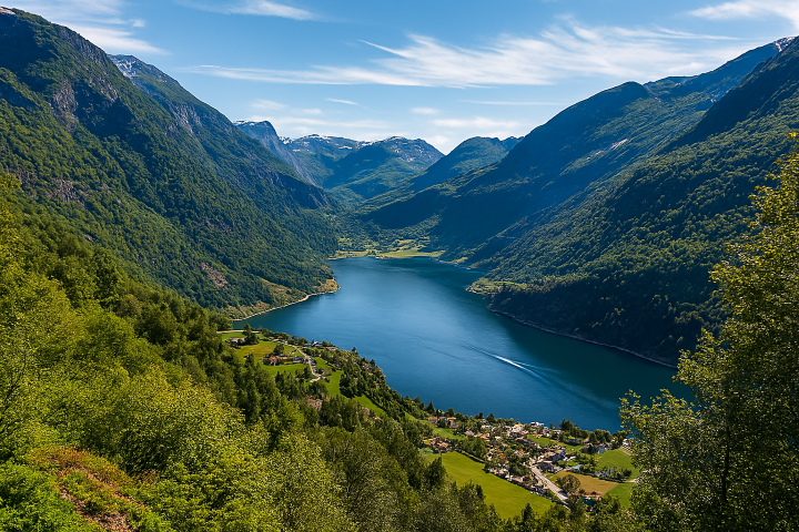 Song of the Fjords Sweeping-view-of-a-Norwegian-fjord-surrounded-by-steep-green-mountains