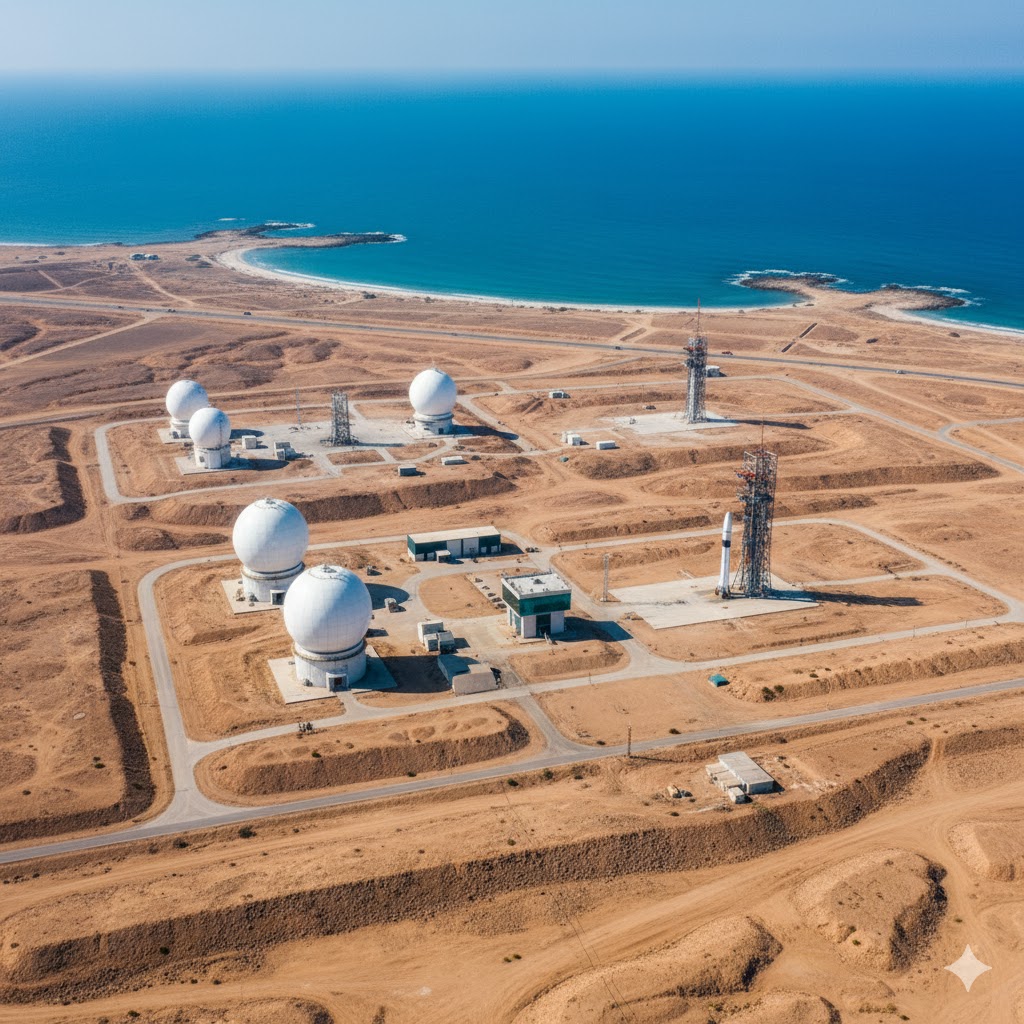 Sonmiani Spaceport view with radar domes and desert landscape near the Arabian Sea.