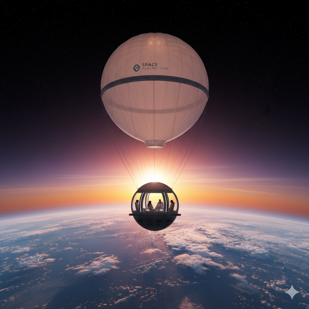 Space Perspective capsule ascending above Earth at sunrise