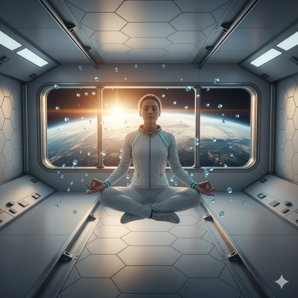 Space Spa Travel, Astronaut performing zero gravity yoga inside a space capsule