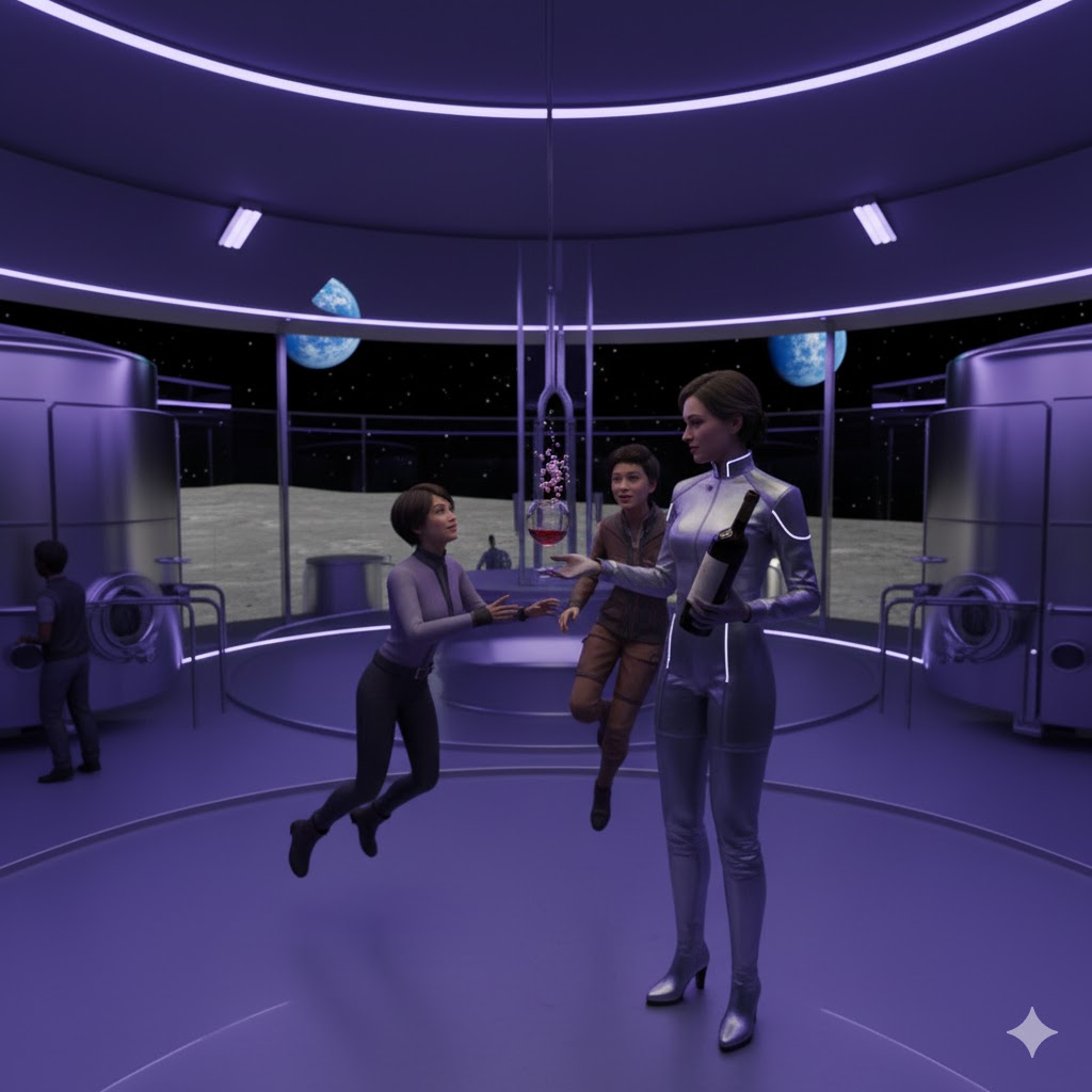 Space sommelier presenting red wine to tourists in Moon gravity dome with Earth in background 