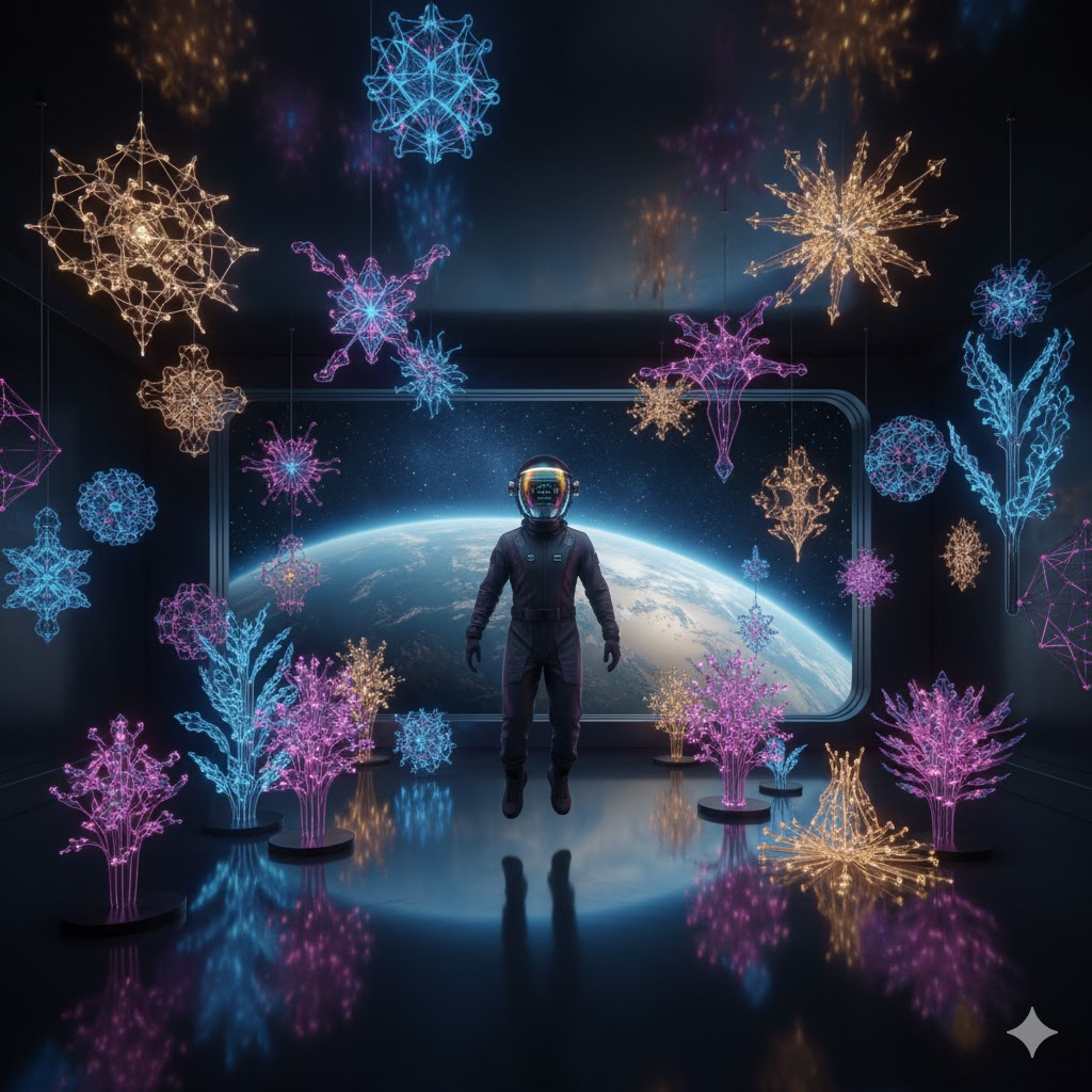 Space tourist wearing viewing visor floating between light-based art installations in zero gravity