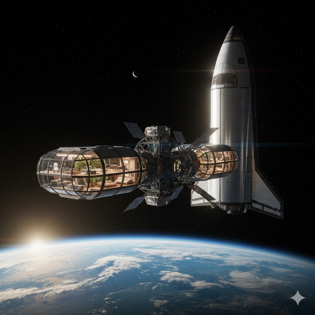 SpaceX StarHab module floating in orbit near a Starship spacecraft