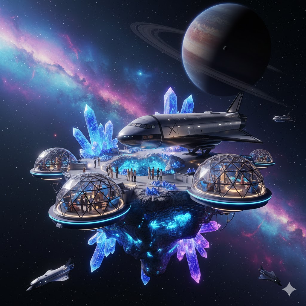 SpaceX Starship near asteroid with tourists inside viewing domes, symbolizing future asteroid tourism