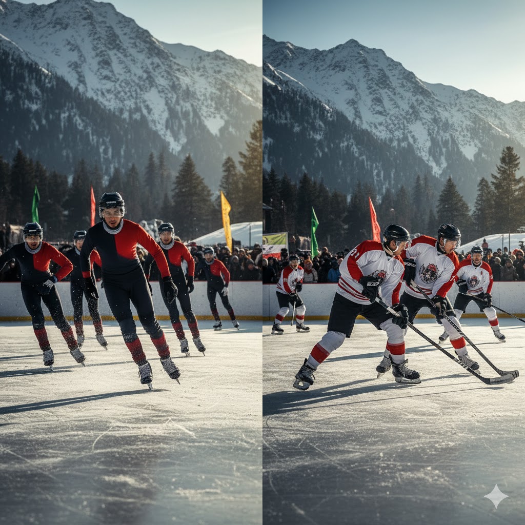 Speed skating and ice hockey at Madaklasht Winter Sports Festival in Chitral, KP