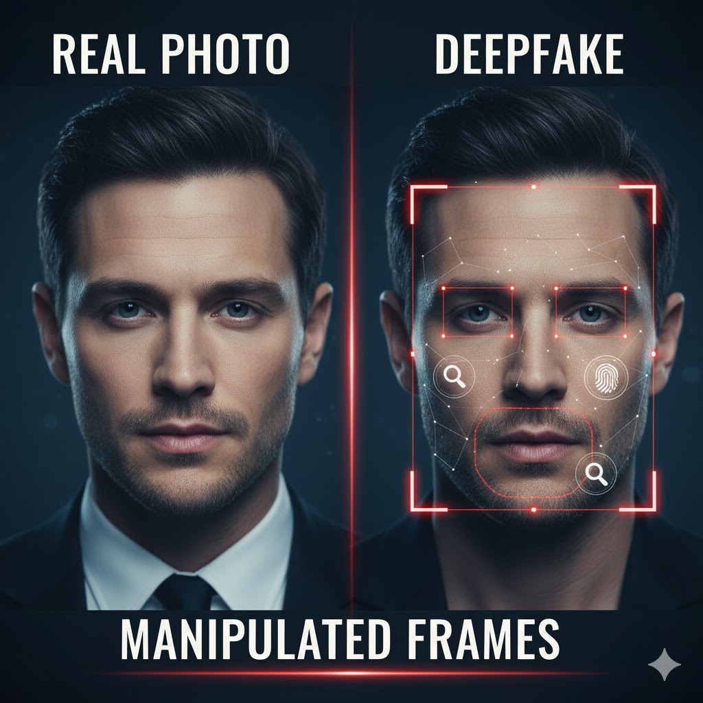 Split image showing real photo vs. deepfake comparison highlighting manipulated frames Split image showing real photo vs. deepfake comparison highlighting manipulated frames