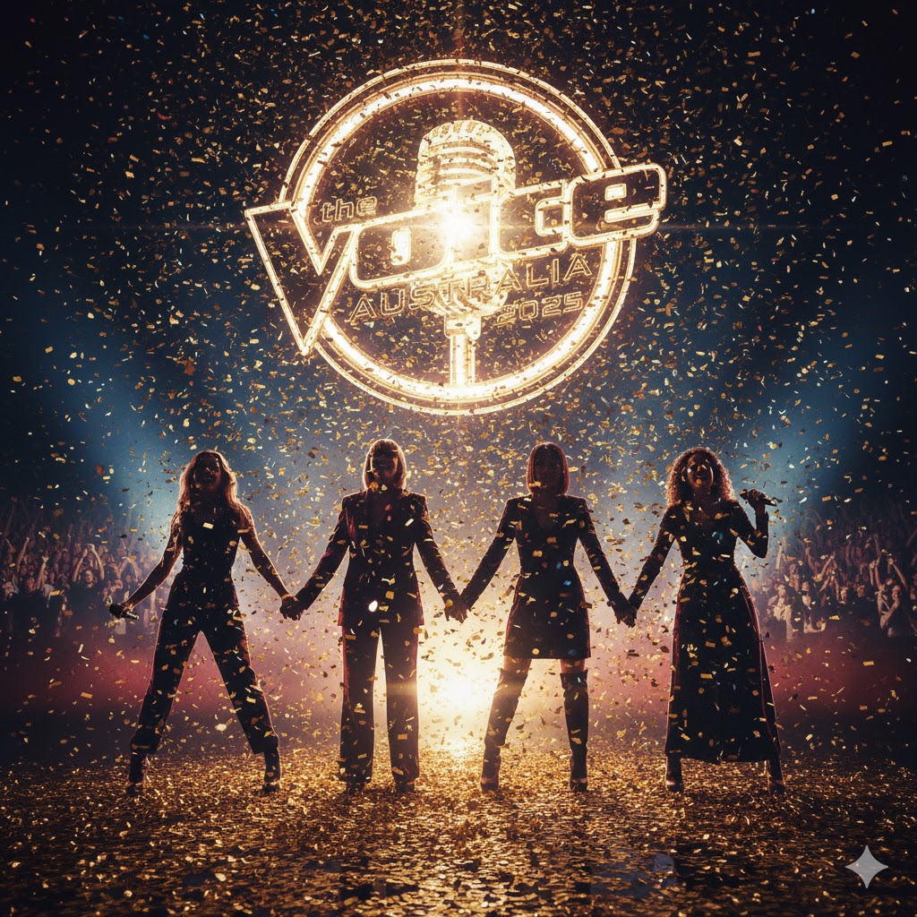 Spotlights on four women holding hands as confetti falls on stage. Spotlights on four women holding hands as confetti falls on stage.