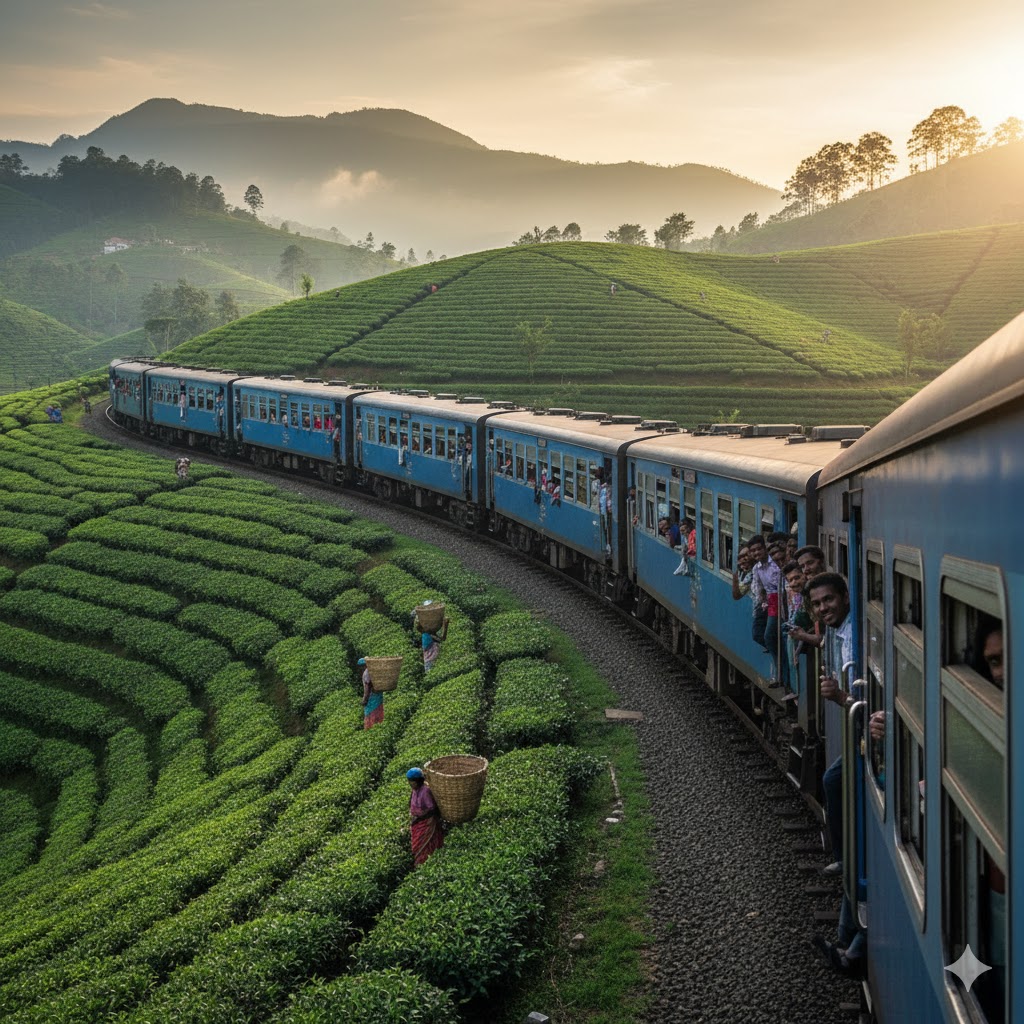 Sri Lankan train passing through lush tea plantations