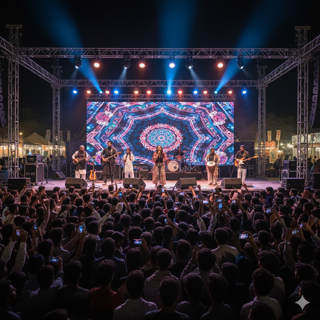 Stage performance at Lahooti Melo featuring folk and fusion bands Stage performance at Lahooti Melo featuring folk and fusion bands
