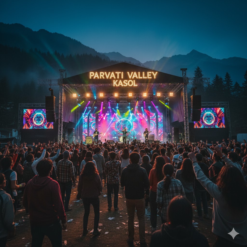 Stage setup with colorful lights and crowd enjoying live music in Parvati Valley Kasol