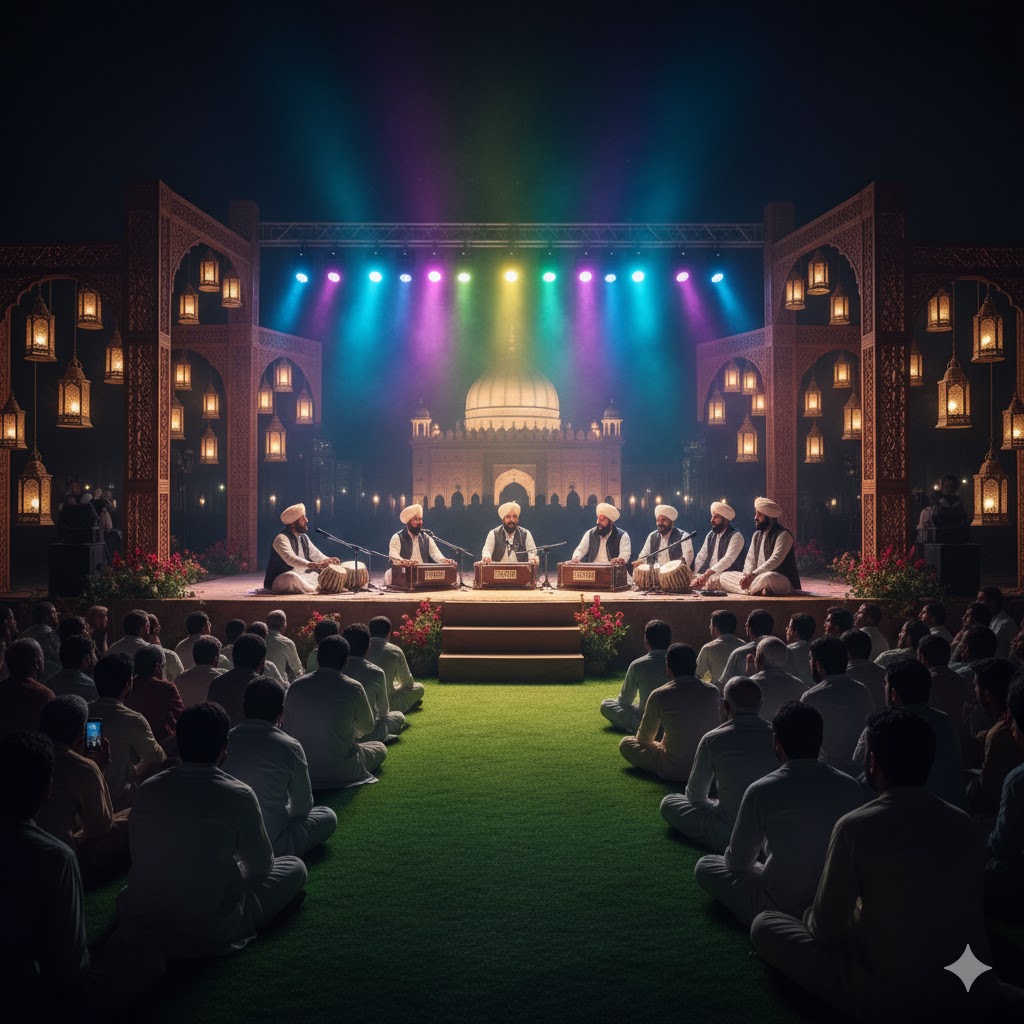 Stage view of Qasim Bagh Qawwali Festival with colorful lights and performers singing to large audience Stage view of Qasim Bagh Qawwali Festival with colorful lights and performers singing to large audience