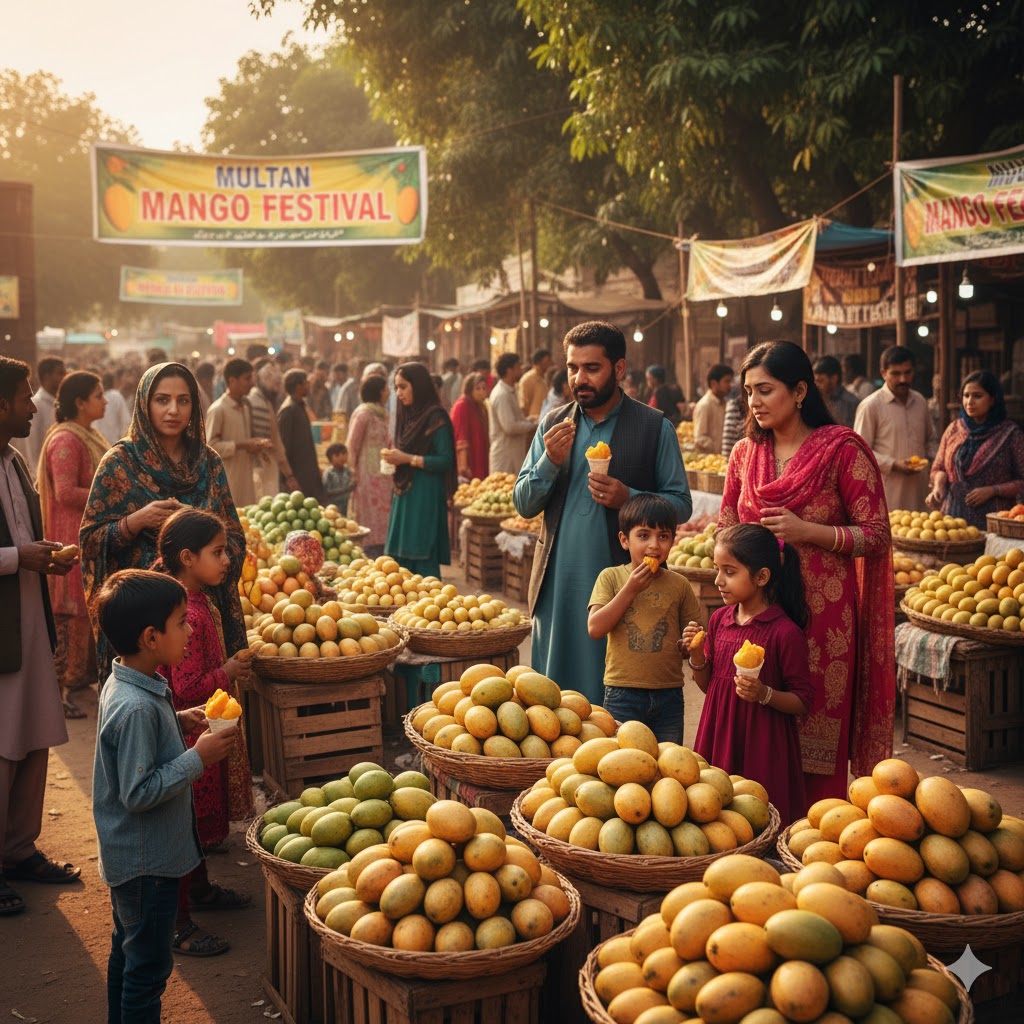 Stalls displaying fresh ripe mangoes and families enjoying the Mango Festival in Multan
