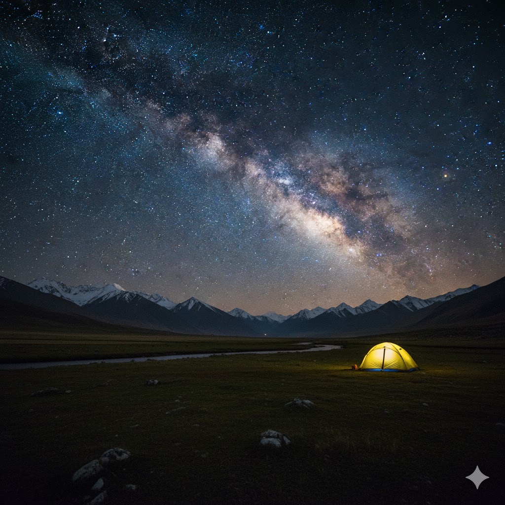 Star-filled night sky with Milky Way visible over Deosai’s open plains Star-filled night sky with Milky Way visible over Deosai’s open plains