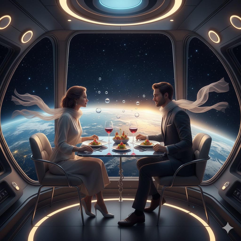 Stargazing romantic dinner in zero gravity on a futuristic space capsule