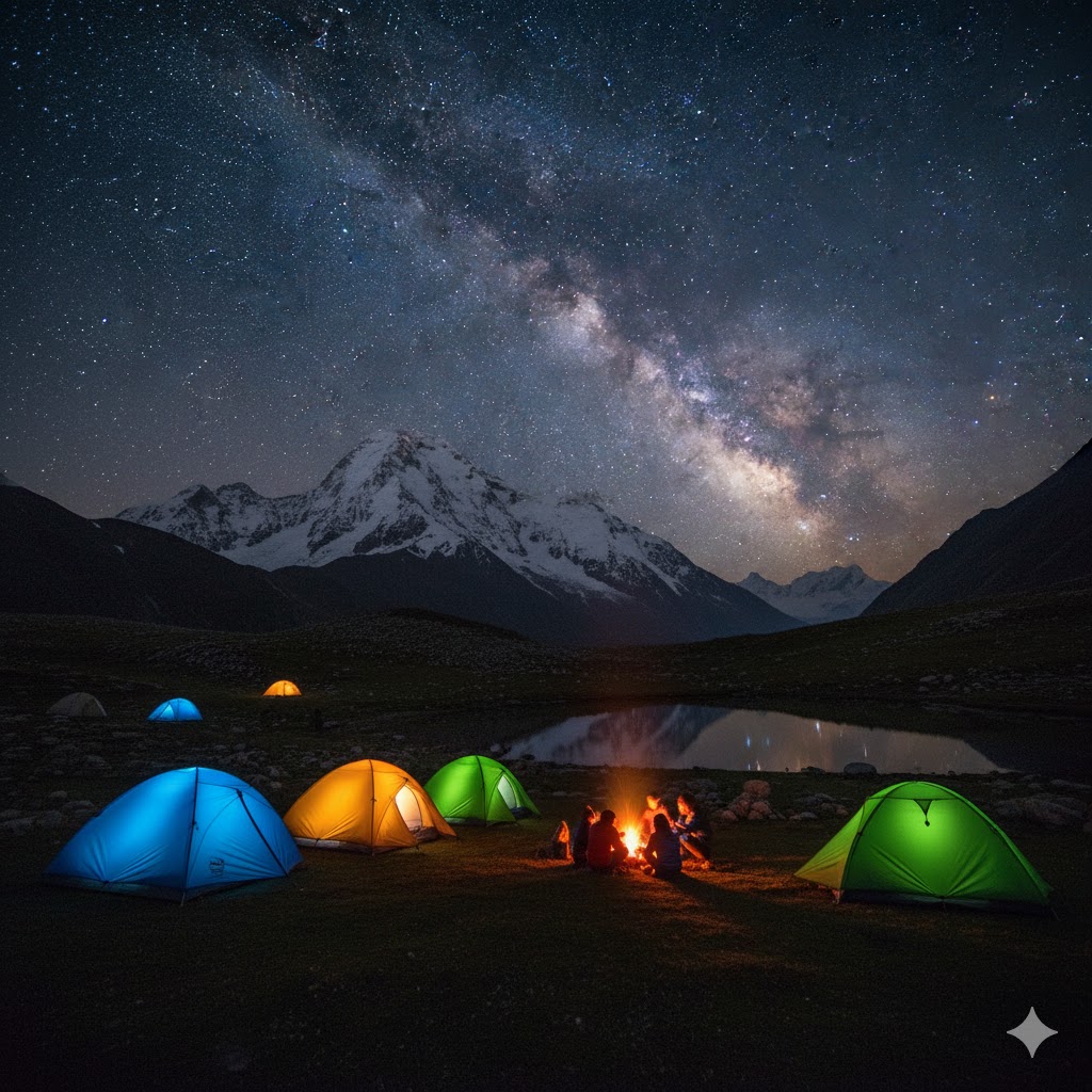 Starry night camping at Fairy Meadows with Nanga Parbat in the background.