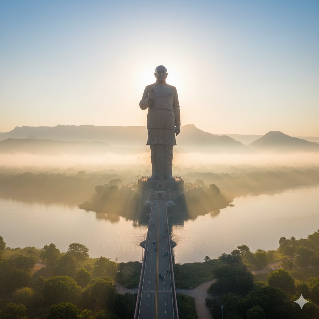 Statue of Unity overlooking the Narmada River under morning mist, Gujarat, India. Statue of Unity overlooking the Narmada River under morning mist, Gujarat, India.