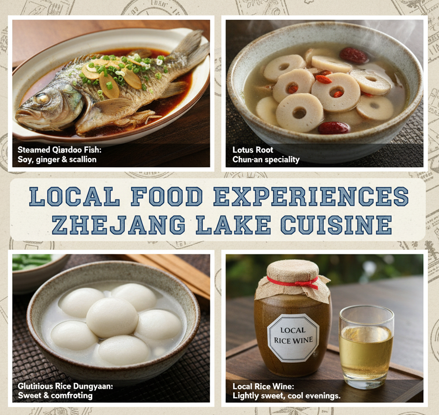 Steamed Qiandao Fish - Lotus Root Soup - Glutinous Rice Dumplings (Tangyuan) - Local Rice Wine