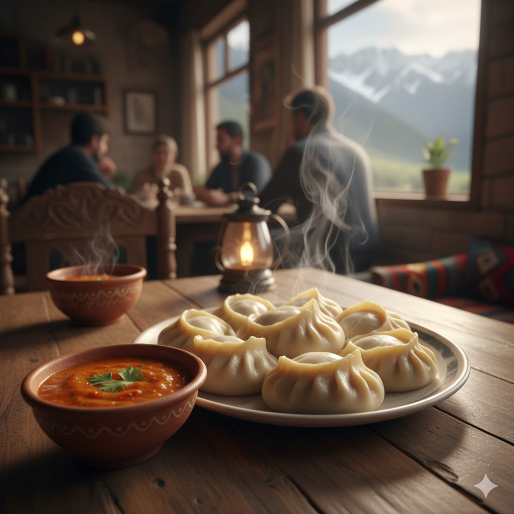 Steaming Mamtu dumplings served with apricot chili sauce in Skardu café