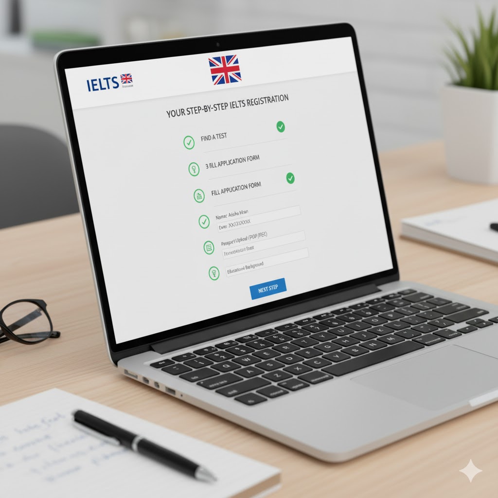 Step-by-step IELTS registration process displayed on laptop screen