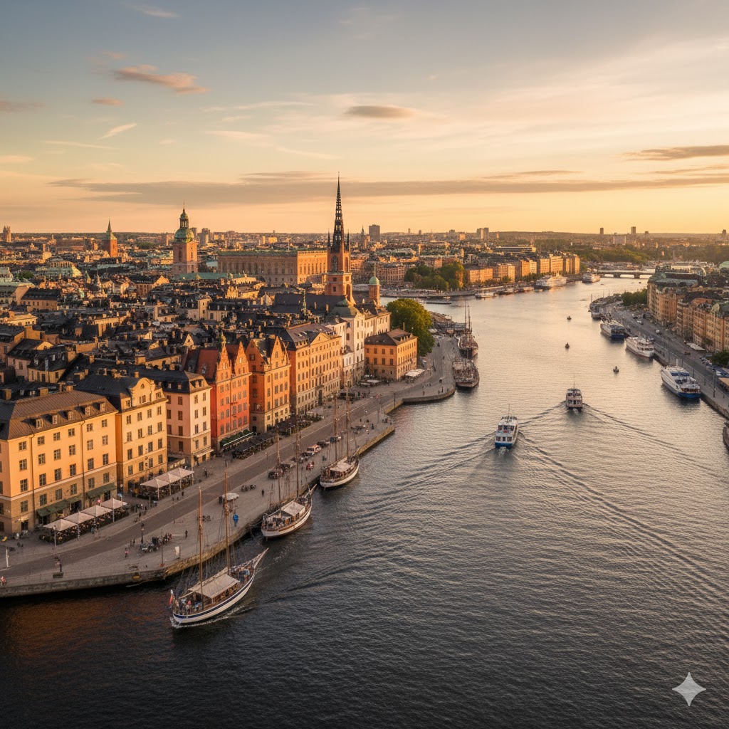 Stockholm old town and waterfront under golden evening light, Sweden