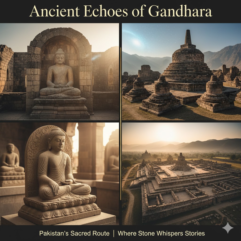 Stone Buddha statues and monastery ruins at Taxila Museum and Butkara Stupa, Swat