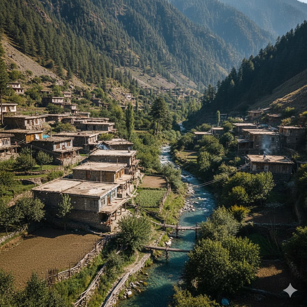 Stone and wood houses of Bumburet village surrounded by lush green mountains