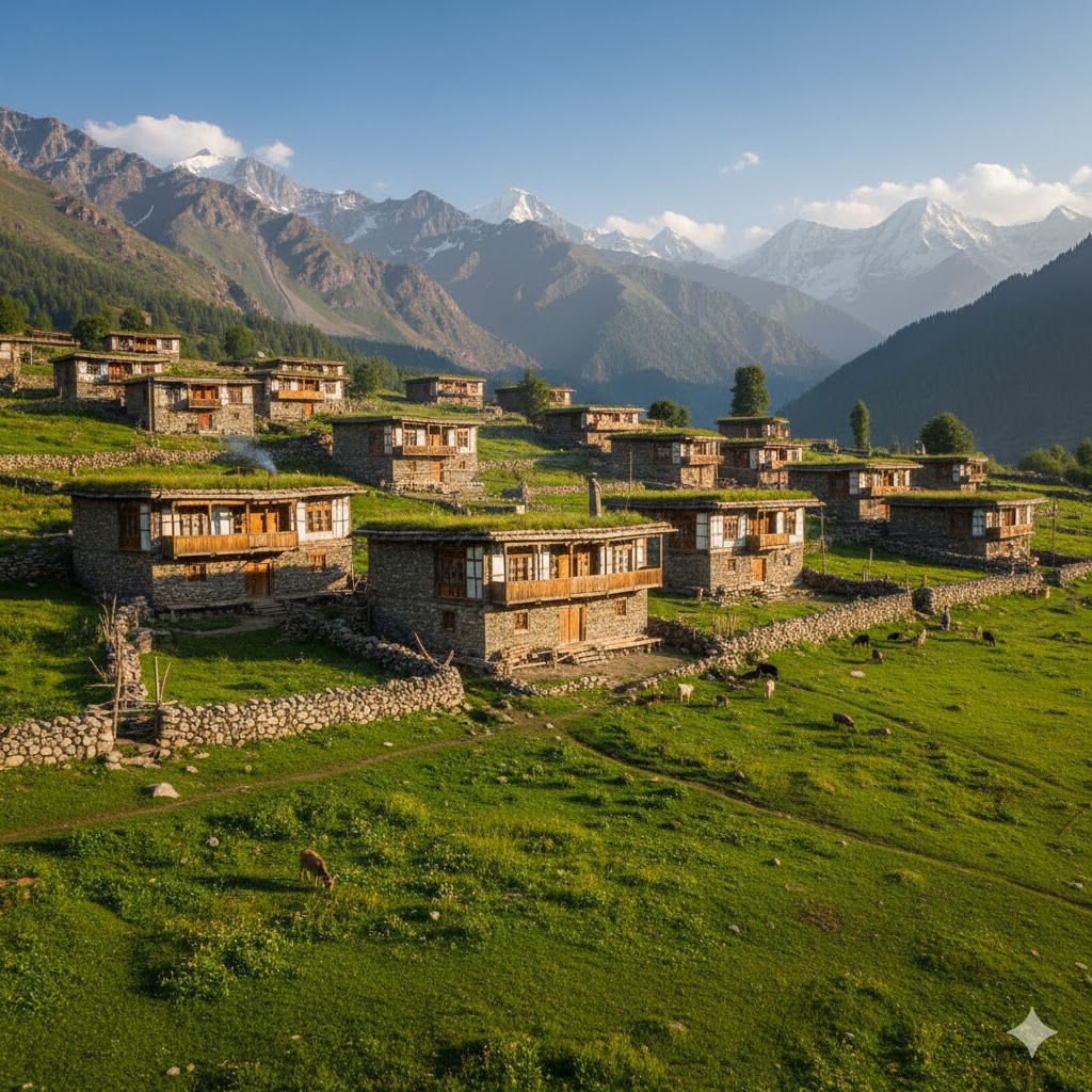 Stone and wooden Kalash houses in Bumburet village surrounded by green meadows and distant mountains