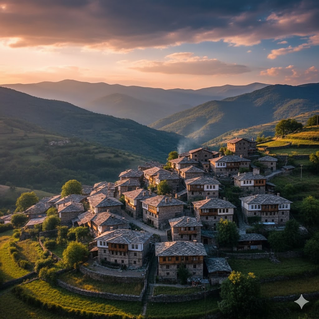 Stone-built village of Kovachevitsa in Bulgaria’s Rhodope Mountains under sunset light. 
