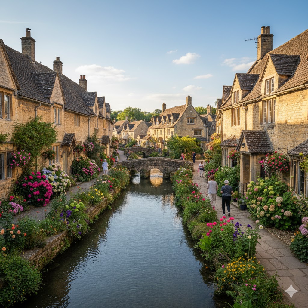 Stone cottages and flowers beside a small river in Bourton-on-the-Water village.