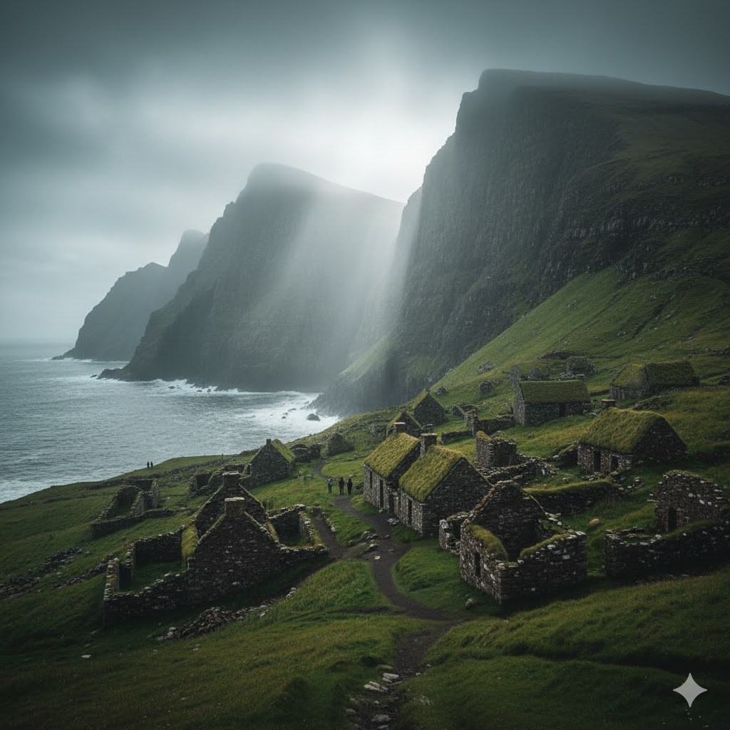 Stone ruins of St. Kilda village surrounded by green cliffs and North Atlantic mist. 