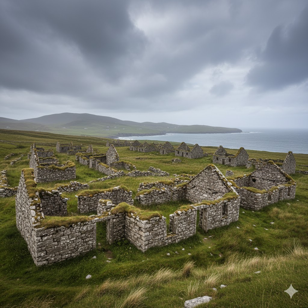 Stone ruins of the Deserted Village on Achill Island under cloudy Irish skies. 