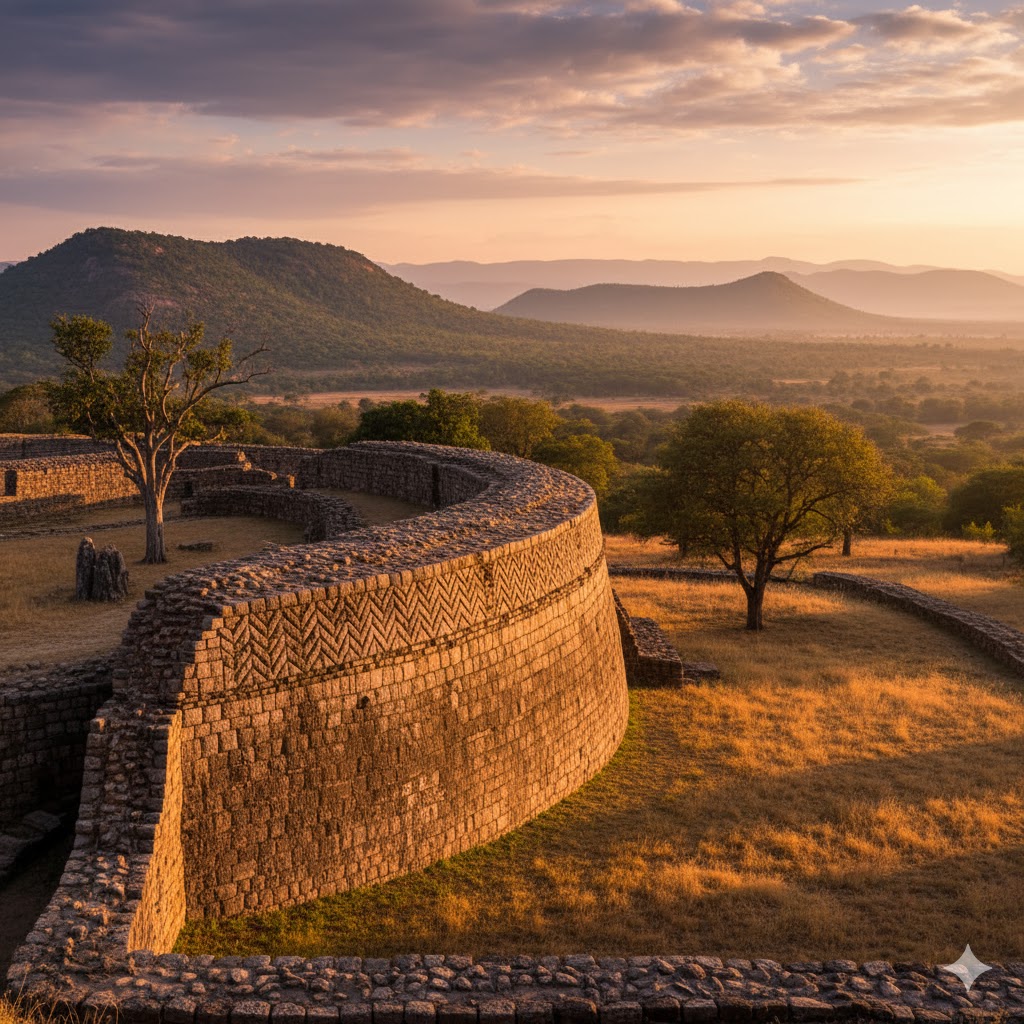 Stone walls of Great Zimbabwe ruins bathed in golden sunlight, Zimbabwe
