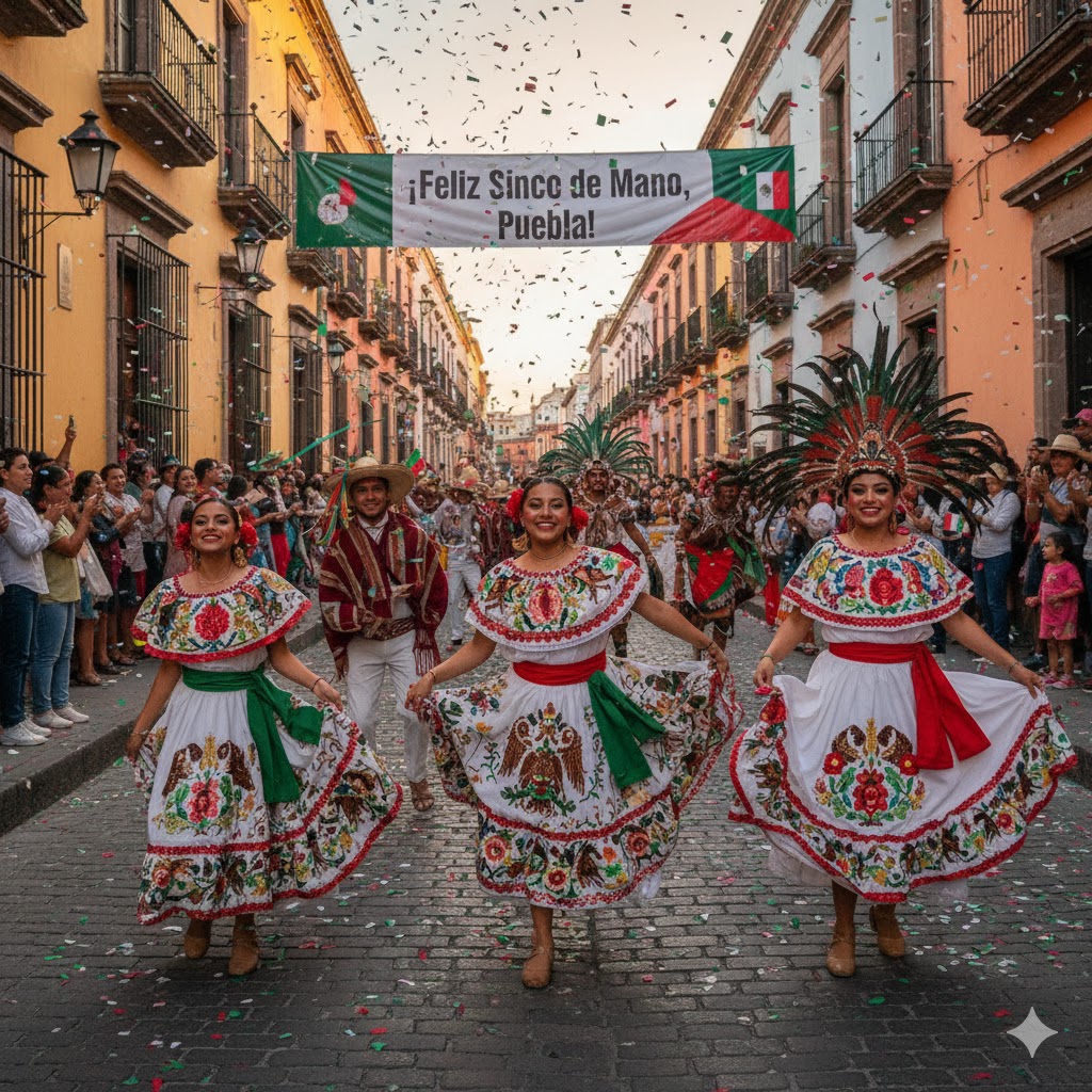 Street dancers celebrating Cinco de Mayo with traditional costumes in Puebla, Mexico