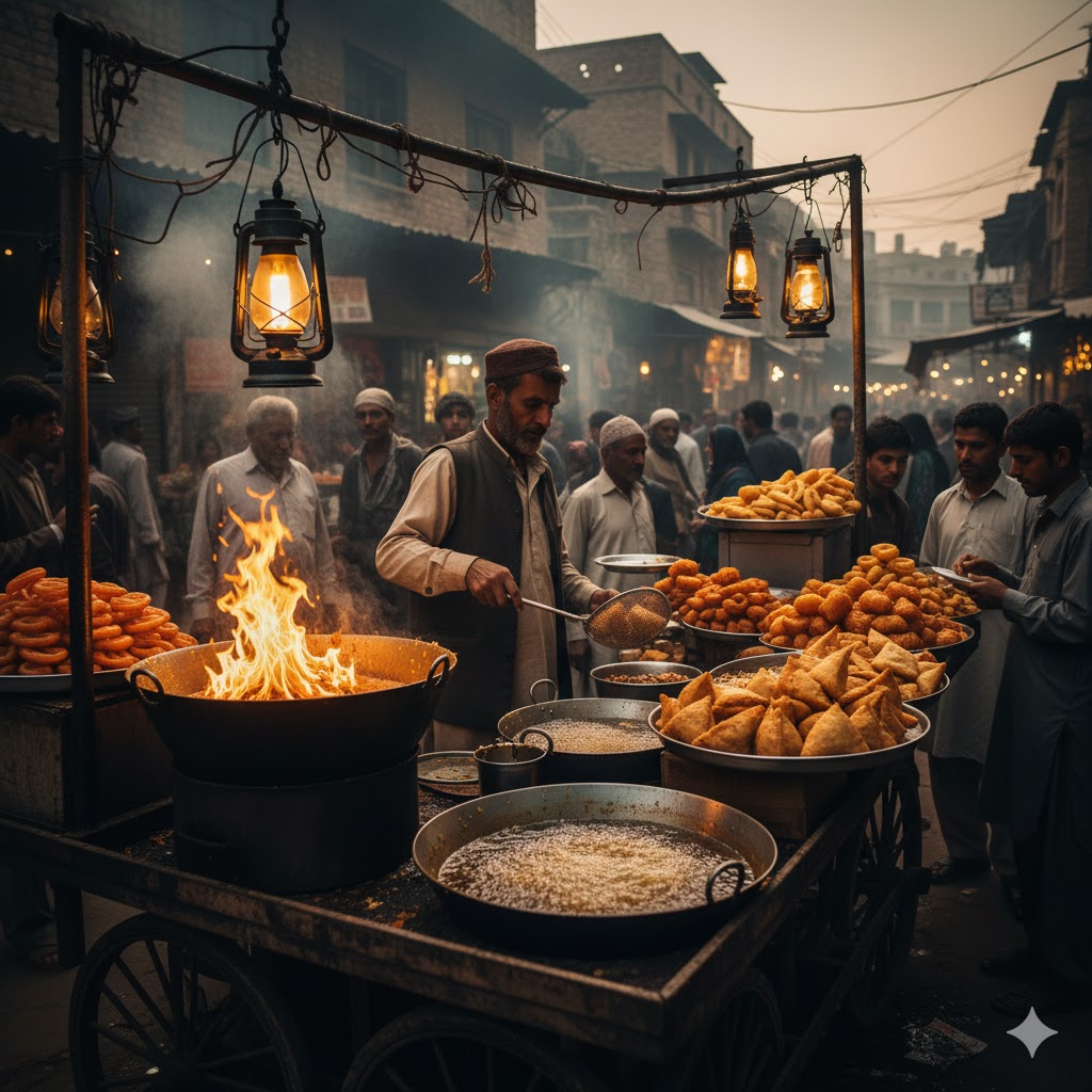 Street food vendor preparing traditional halwa and samosas in Lahore