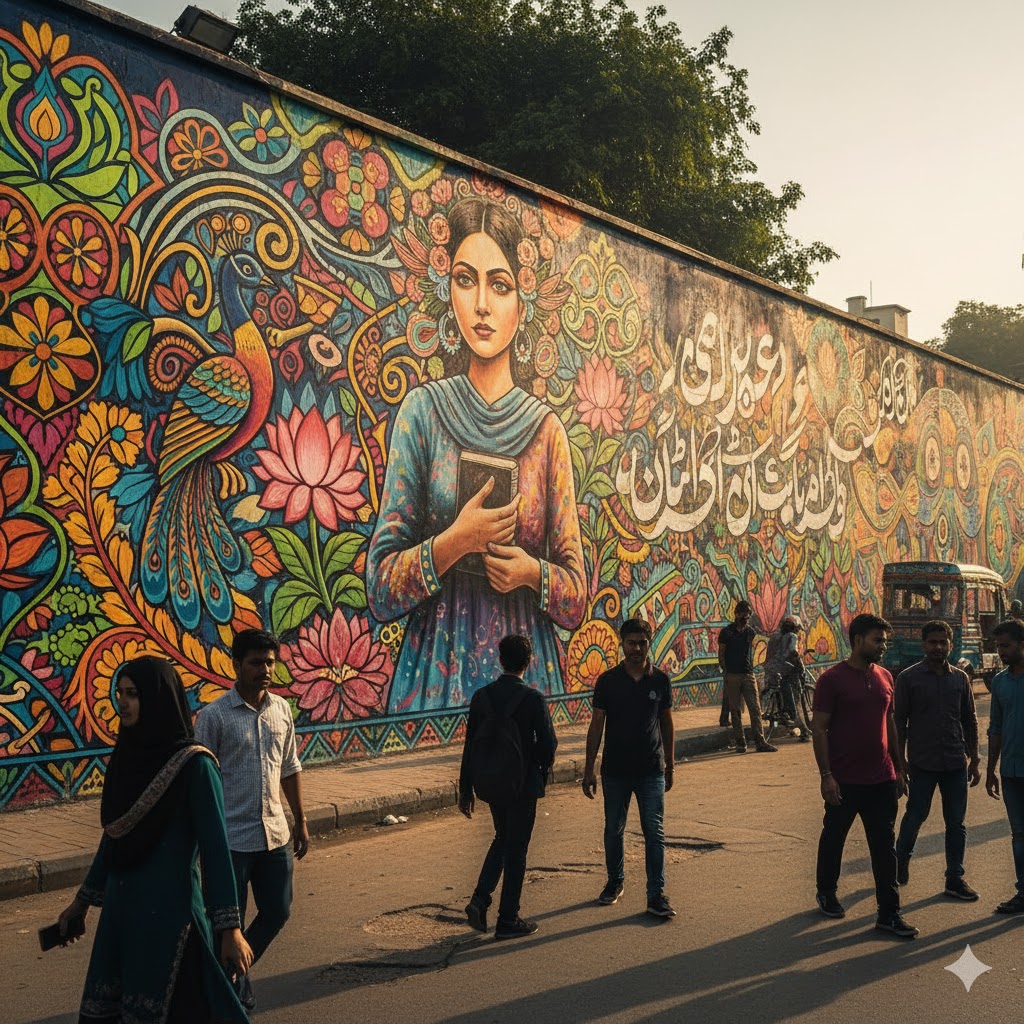 Street mural in Lahore depicting women empowerment and truck art motifs on colorful city wall.