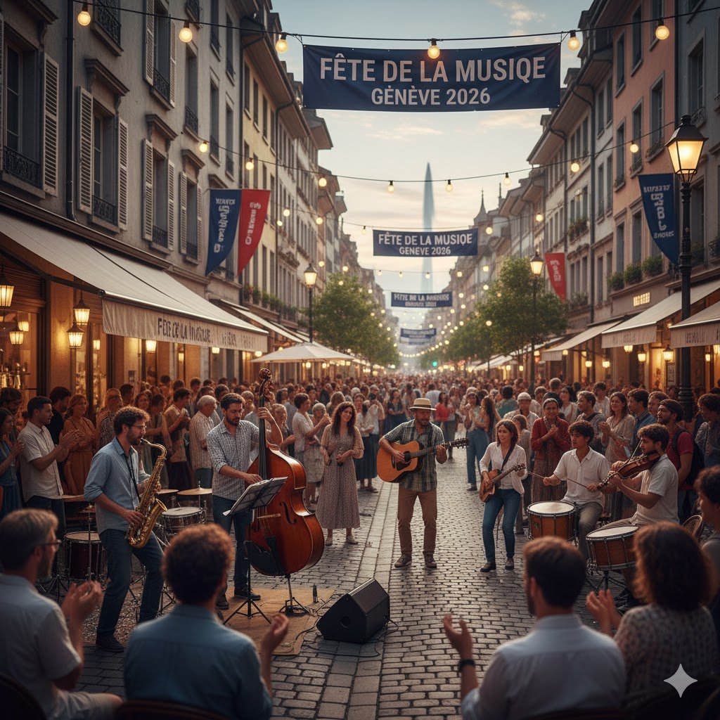 Street musicians performing during Fête de la Musique 2026 in Geneva